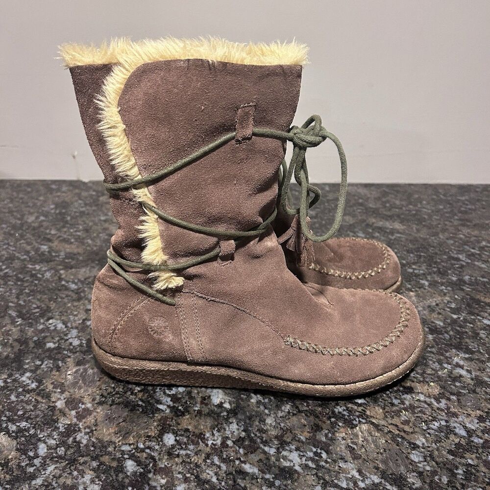 Earth Spirit Willow Brown Suede Leather Faux Fur Boots Lace Up Tassel Size 9 1/2